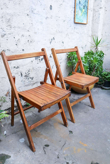 Pair of 1940s British military folding chairs  Antique Oak with Patina