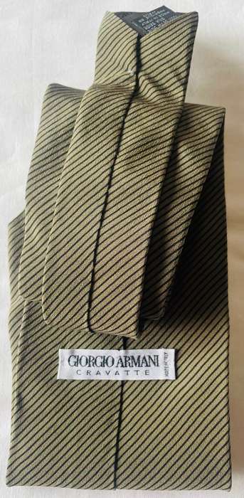 ORIGINAL GIORGIO ARMANI MENS PURE SILK TIE, GREEN WITH BLACK DIAGONAL STRIPES, MADE IN ITALY