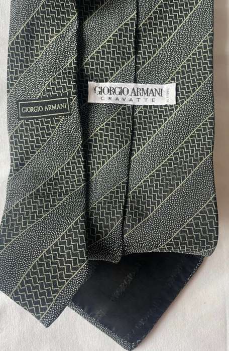 ORIGINAL GIORGIO ARMANI MENS PURE SILK HANDMADE TIE, BLACK WITH GEOMETRIC STRIPES & WHITE SPECKLED