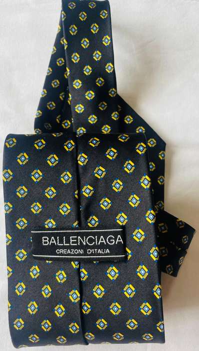 ORIGINAL BALENCIAGA MENS TIE, BLACK WITH GOLD AND BLUE DIAMANTE PATTERN, MADE IN ITALY