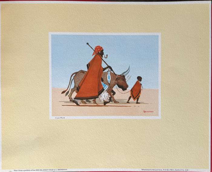 1 x COLLECTION OF 4 PRINTS BY SOUTH AFRICAN ARTIST LOUIE BRINKMAN, RED-BLANKET FOLK