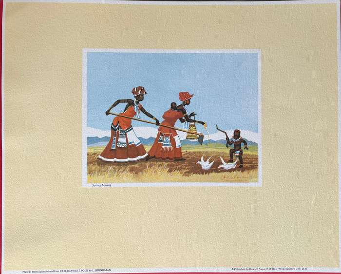 1 x COLLECTION OF 4 PRINTS BY SOUTH AFRICAN ARTIST LOUIE BRINKMAN, RED-BLANKET FOLK
