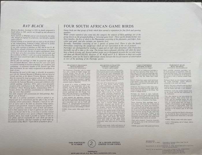 SIGNED, NUMBERED! 1 x COLLECTION OF 4 PRINTS BY RAY BLACK, SOUTH AFRICAN GAME BIRDS