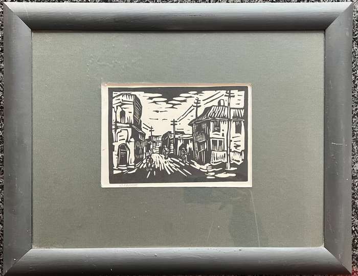 SIGNED! 1 x COLLECTION OF 5 MATCHING WOOD-FRAMED LINOCUTS BY GREGOIRE BOONZAIER
