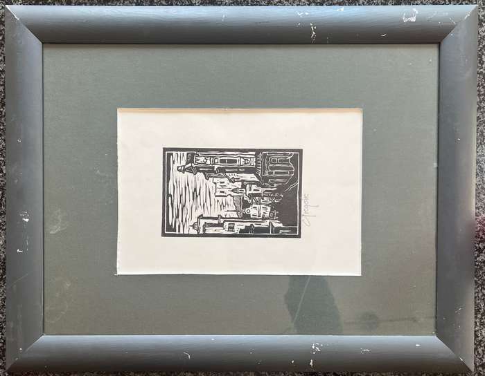 SIGNED! 1 x COLLECTION OF 5 MATCHING WOOD-FRAMED LINOCUTS BY GREGOIRE BOONZAIER