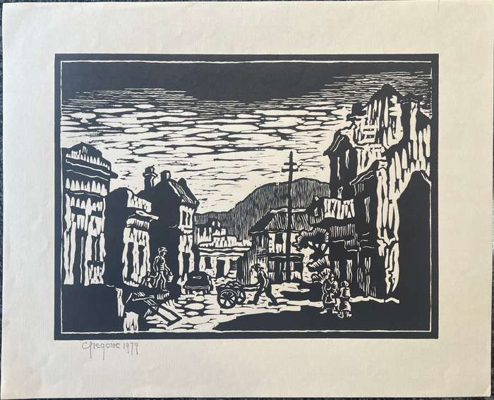 SIGNED AND DATED! GREGOIRE BOONZAIER LINOCUT "STREET SCENE, MALAY QUARTER", 1979