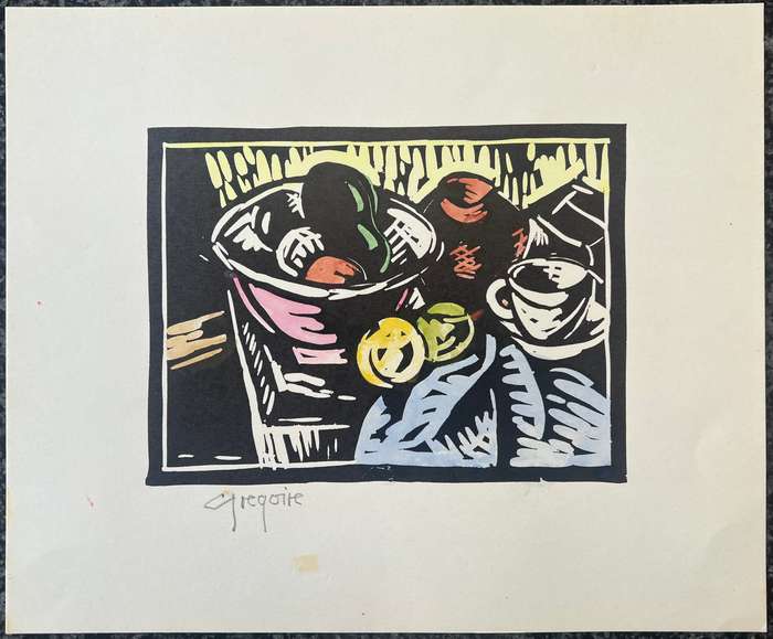 SIGNED! GREGOIRE BOONZAIER HAND COLOURED LINOCUT "STILL LIFE WITH FRUIT"