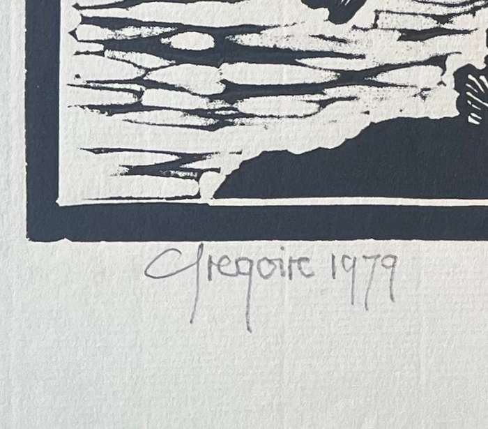 SIGNED AND DATED! GREGOIRE BOONZAIER LINOCUT "TREES WITH STREAM", 1979