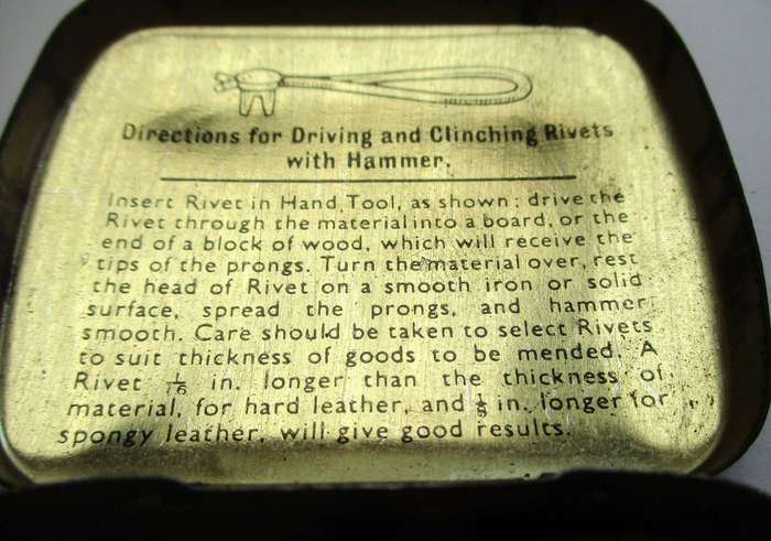 Vintage Bifurcated Rivet Tin with contents. Made in England / Copper rivets