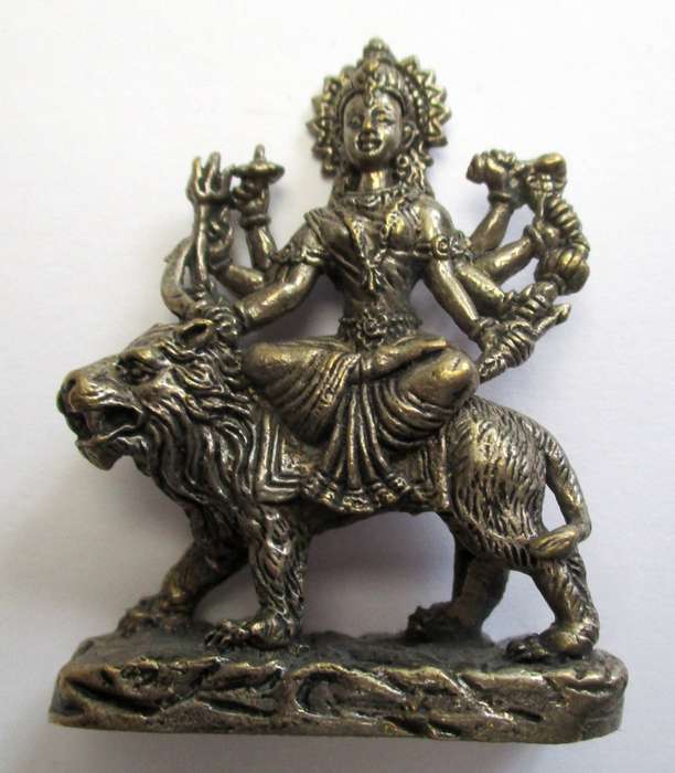 Vintage Durga small statue / Hindu goddess sitting on lion - Alter piece