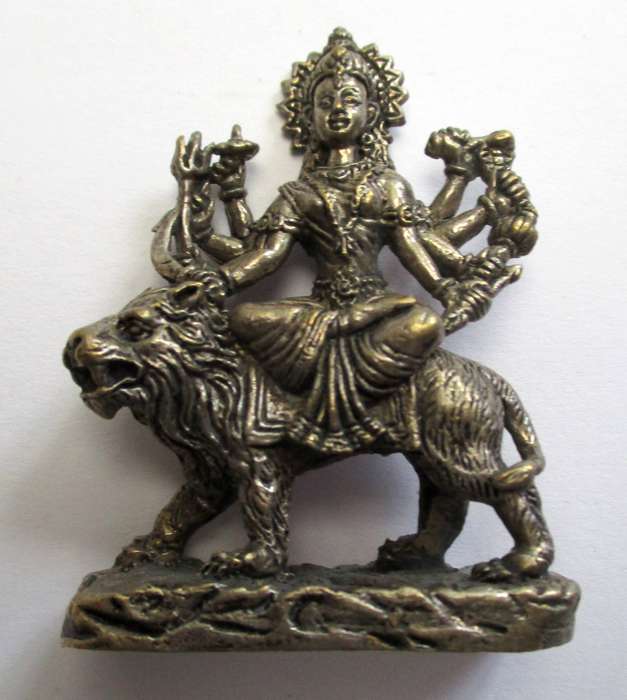 Vintage Durga small statue / Hindu goddess sitting on lion - Alter piece