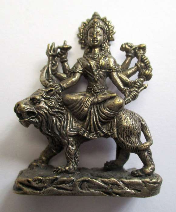 Vintage Durga small statue / Hindu goddess sitting on lion - Alter piece