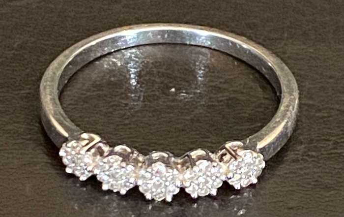 Stunning, 9ct white gold with 5 Diamond flower cluster pattern in a row Eternity ring
