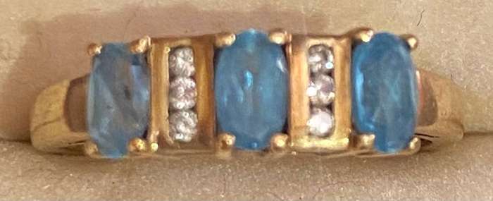 3 Blue Topaz and 6 Diamond Ring set in 9ct yellow gold