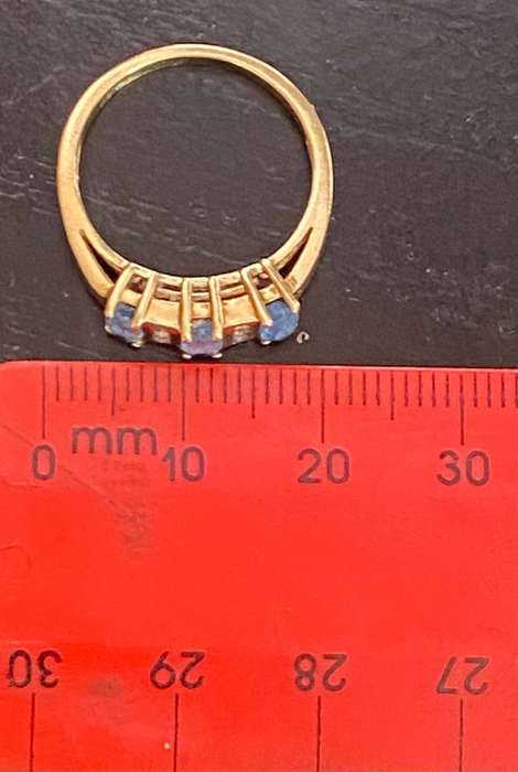 3 Blue Topaz and 6 Diamond Ring set in 9ct yellow gold