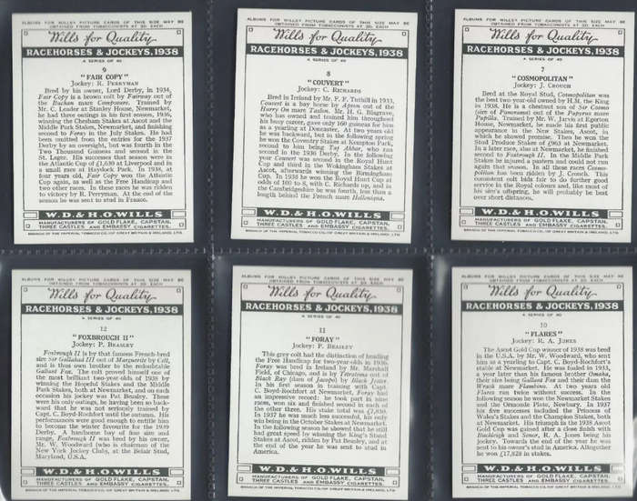 Wills Cigarette Cards: Racehorses and Jockeys 1938 Full set of 40 cards
