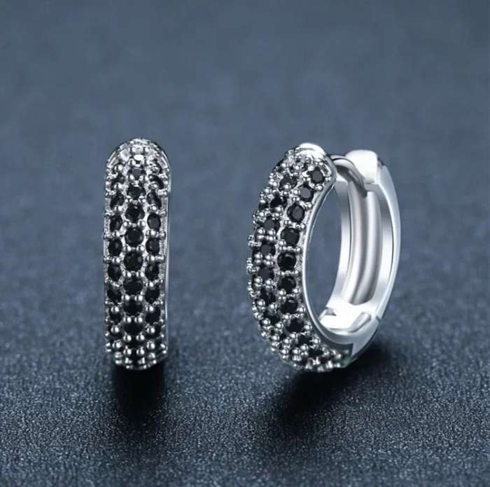 925 Silver Black Spinel Hoop Earrings