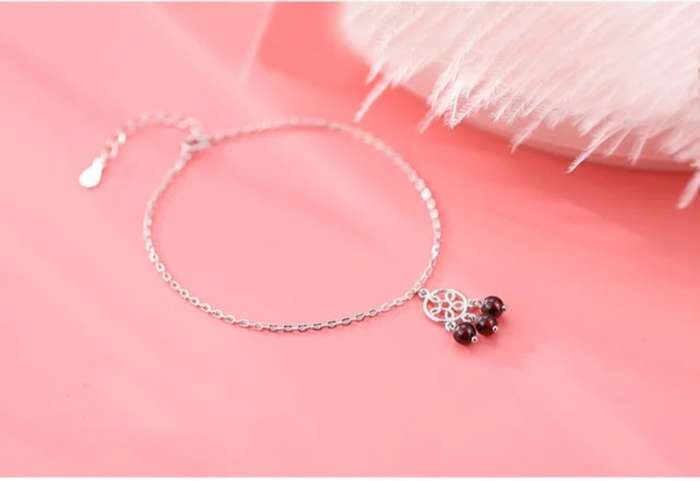 925 Silver Red Beads and Flower Bracelet