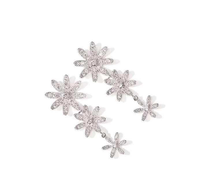 925 Silver Long CZ Flower Earrings