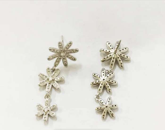 925 Silver Long CZ Flower Earrings