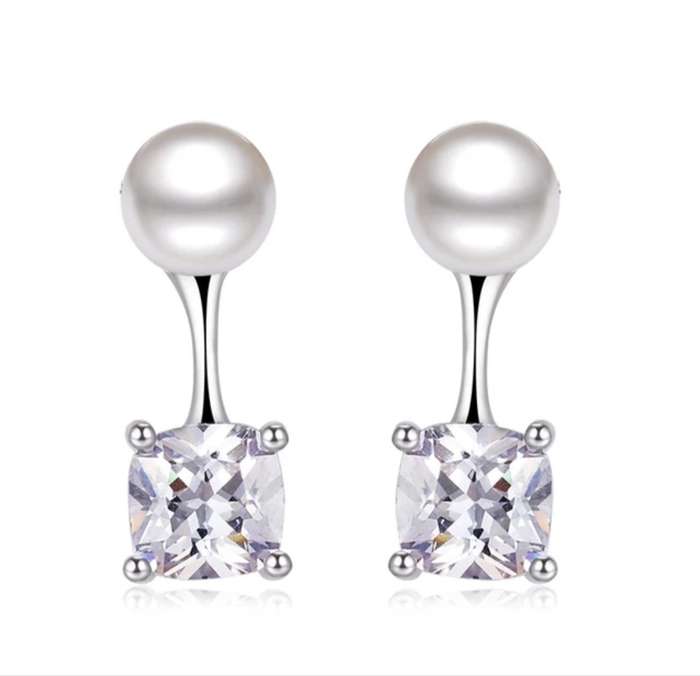 925 Silver Square CZ And Pearl Earrings