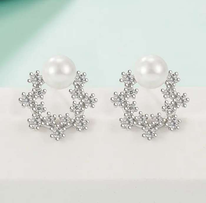925 Silver Halo CZ and Pearl Earrings