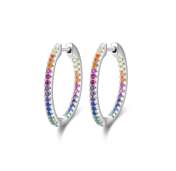 Sterling Silver Rainbow Cubic Zirconia Hoop Earrings