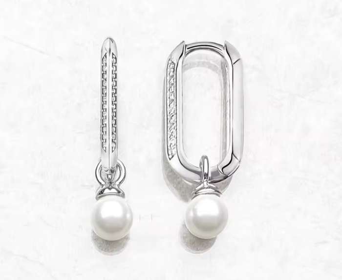 SPECIAL - 925 Sterling Silver Oblong Earrings with CZ  & Freshwater Pearl.