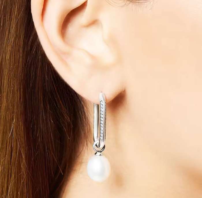 SPECIAL - 925 Sterling Silver Oblong Earrings with CZ  & Freshwater Pearl.