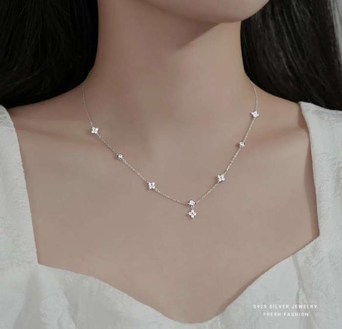 925 Silver Four Leaf Flower Necklace and Earrings
