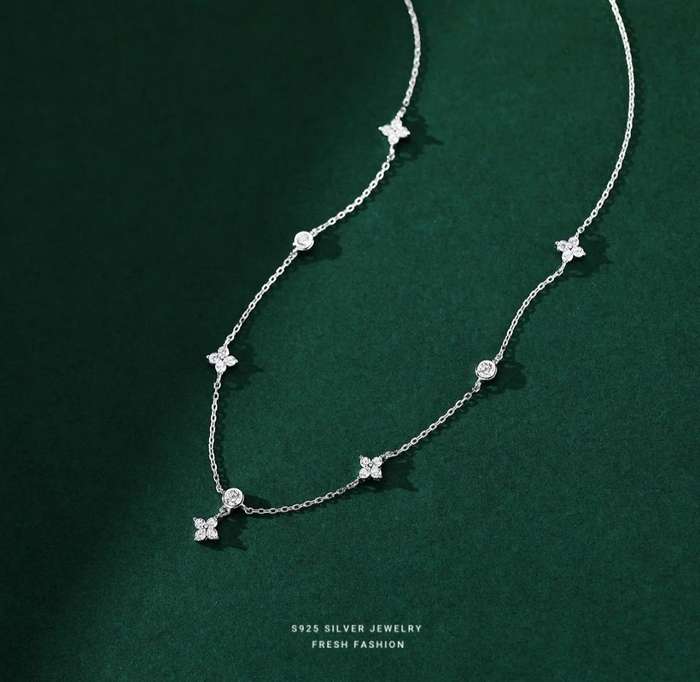 925 Silver Four Leaf Flower Necklace and Earrings