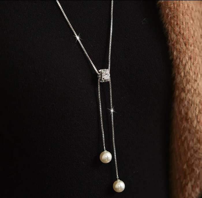 925 Silver Pearl and CZ Nugget Long Necklace