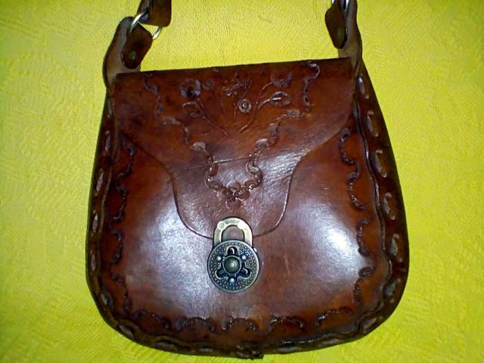 Vintage genuine leather, tooled shoulder bag
