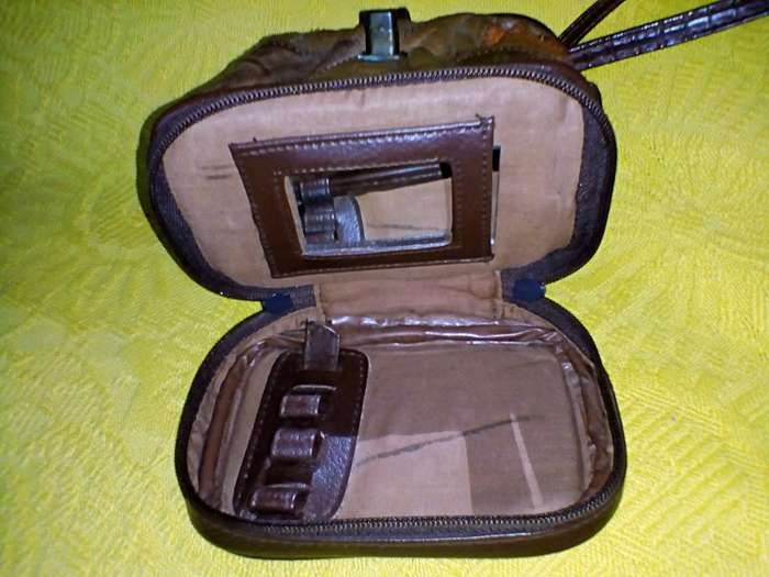 Small, patchwork, genuine leather satchel