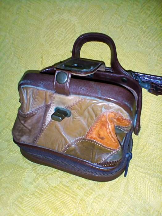 Small, patchwork, genuine leather satchel