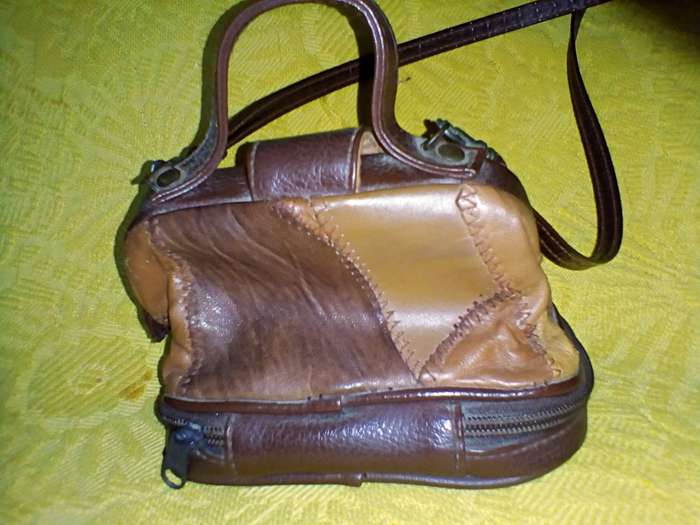 Small, patchwork, genuine leather satchel