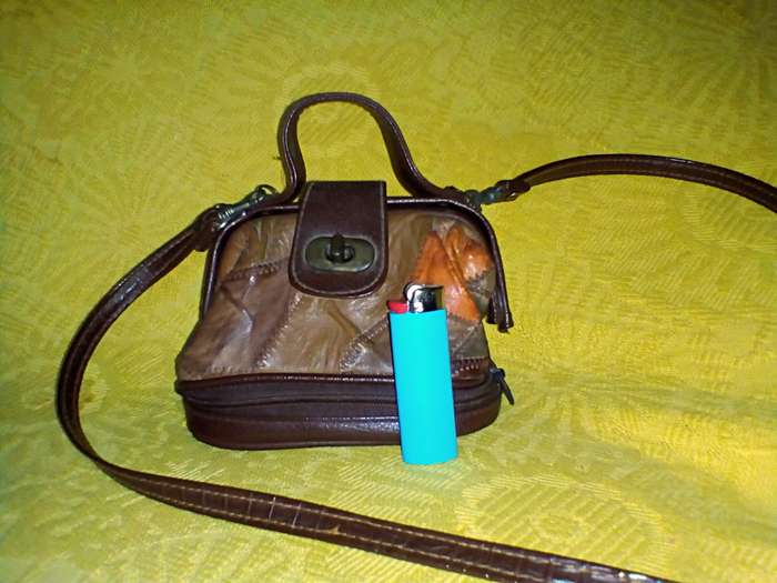 Small, patchwork, genuine leather satchel