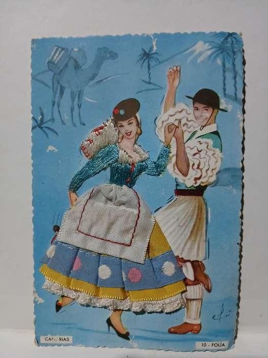 Vintage Madrid fabric and embroided postcard
