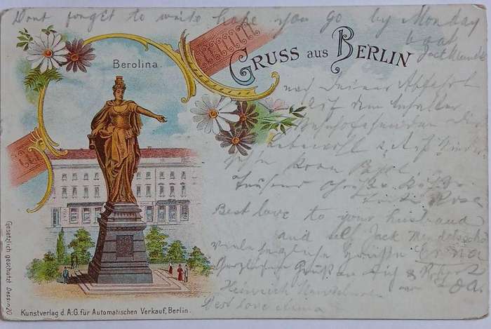 Vintage colour chromo litho postcard grus aus Berlin 1989