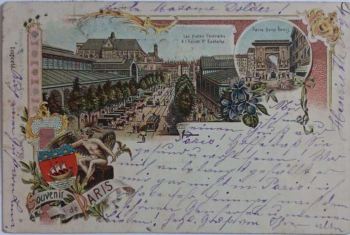 Vintage souvenir postcard from Paris, colour card from 1898