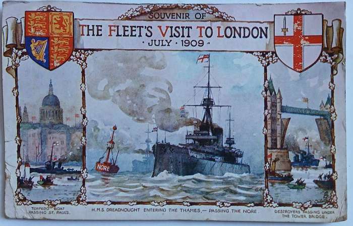 Vintage military souvenir postcard of the fleets visit to london 1909