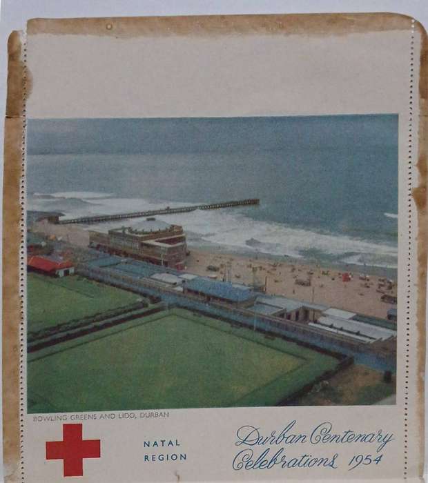 Durban centenary souvenirs 1954 red cross letter card with image of Durban