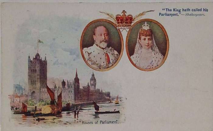Mint coronation souvenir postcard of King EdwardVII welding Bazaar 1902