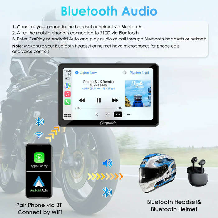 Carpuride W712D Rotatable Motorcycle Stereo with GPS Navigation & Dash Cam