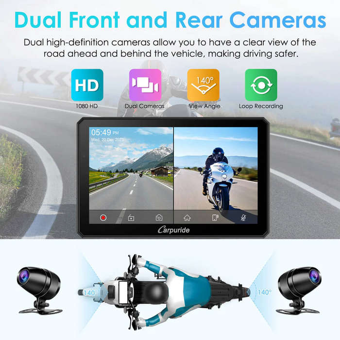 Carpuride W712D Rotatable Motorcycle Stereo with GPS Navigation & Dash Cam