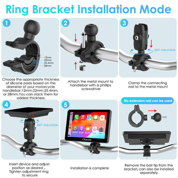 Carpuride W712D Rotatable Motorcycle Stereo with GPS Navigation & Dash Cam