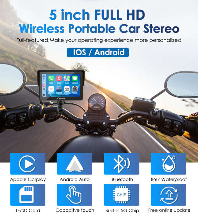 Carpuride W502 Motorcycle GPS Wireless Portable Carplay/Android Auto Waterproof Car Stereo, 5" IPS T