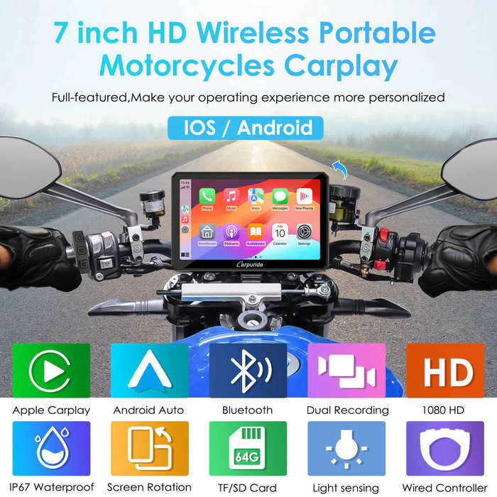 Carpuride W712D Rotatable Motorcycle Stereo with GPS Navigation & Dash Cam
