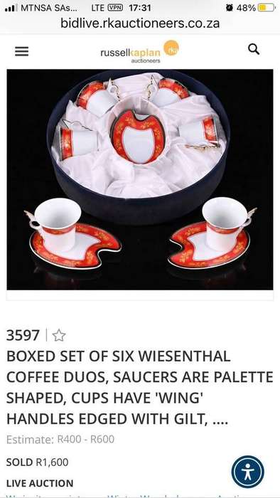 BOXED SET OF SIX WIESENTHAL COFFEE DUOS, SAUCERS ARE PALETTE SHAPED, CUPS HAVE 'WING' HANDLES