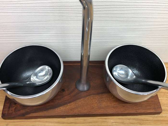 MABI DESIGN - STUNNING METAL JAM SET ON STAND COMPLETE WITH MATCHING SPOONS